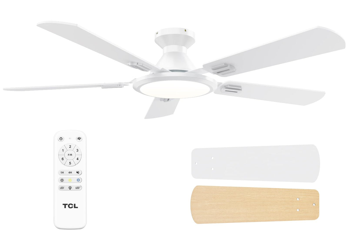 TCL 52" White Low Profile Ceiling Fan with Light & Remote | 5-blade Flush Mount fan with quiet 6-speed reversible DC motor. Dimmable LED light. Ideal for bedroom, living room & garage