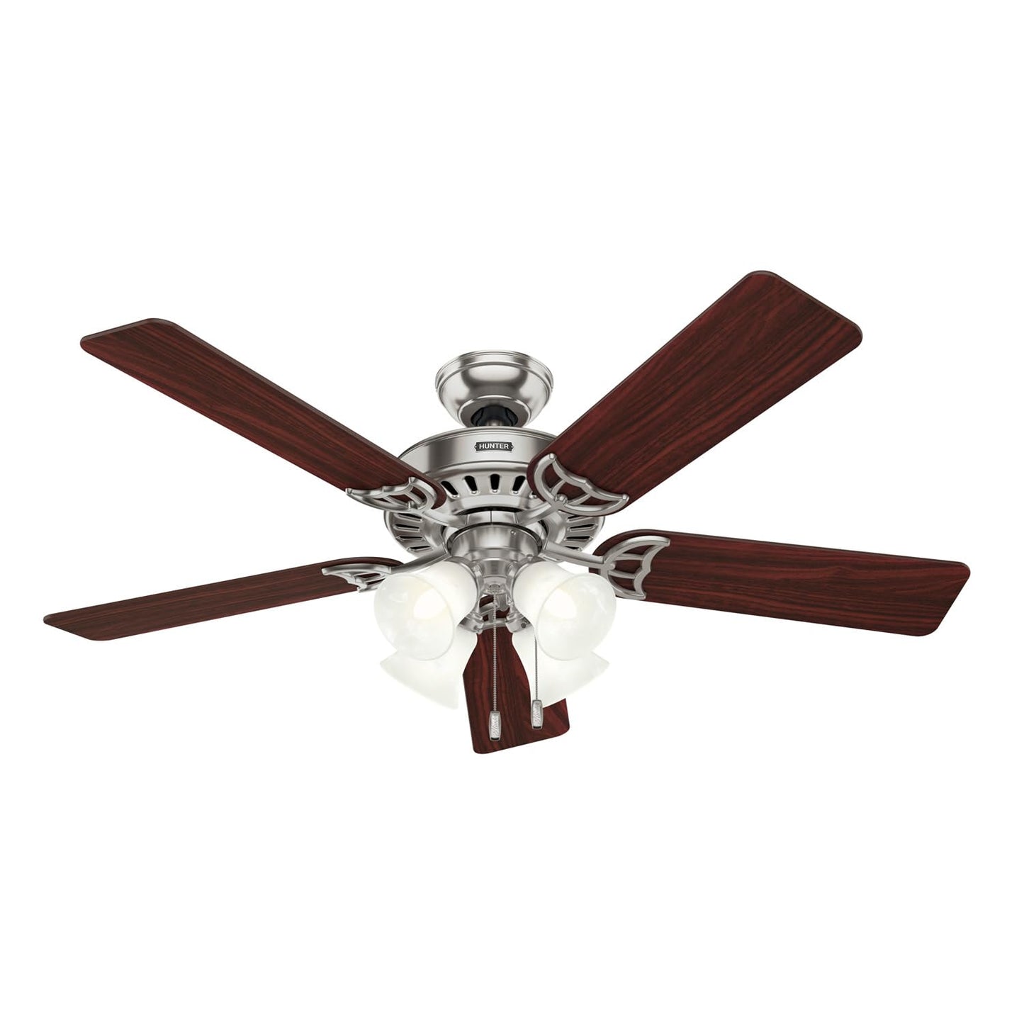 Hunter Studio Series, Indoor, Ceiling Fan, Quiet, 52 inch, Antique Brass | with LED Lights and Pull Chain, Standard Mount, 5 Blades, For Bedroom, Living Room, Kitchen, 53063