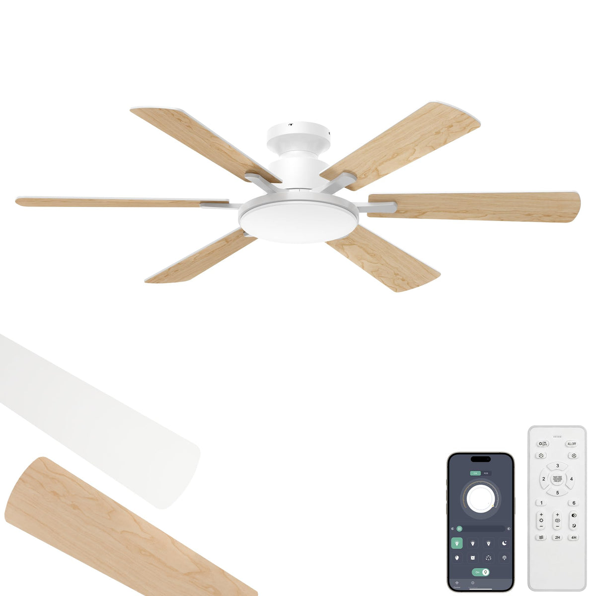 52'' Ceiling Fans with Lights and Remote Control for Living Room | 6 Blades, 6 Speeds, MAX 5600 CFM, Remote&APP Control, 3CCT Dimmable LED, All Metal Body, Memory Function, Reversible DC Motor