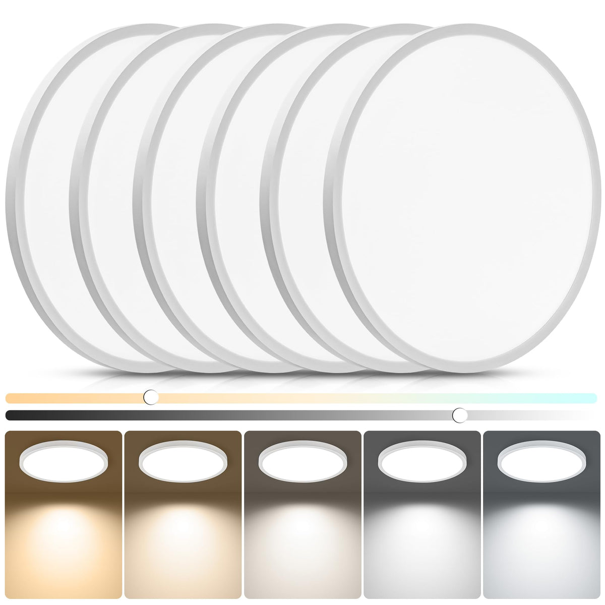 6-Pack 12in Ultra Thin LED Flush Mount Ceiling Light,Dimmable,5CCT | 2700K-6500K, 24W 2640LM, Anti-Glare,Edge-lit, Hardwired Light Fixture for Bedroom Kitchen Hallway Laundry Porch, Black