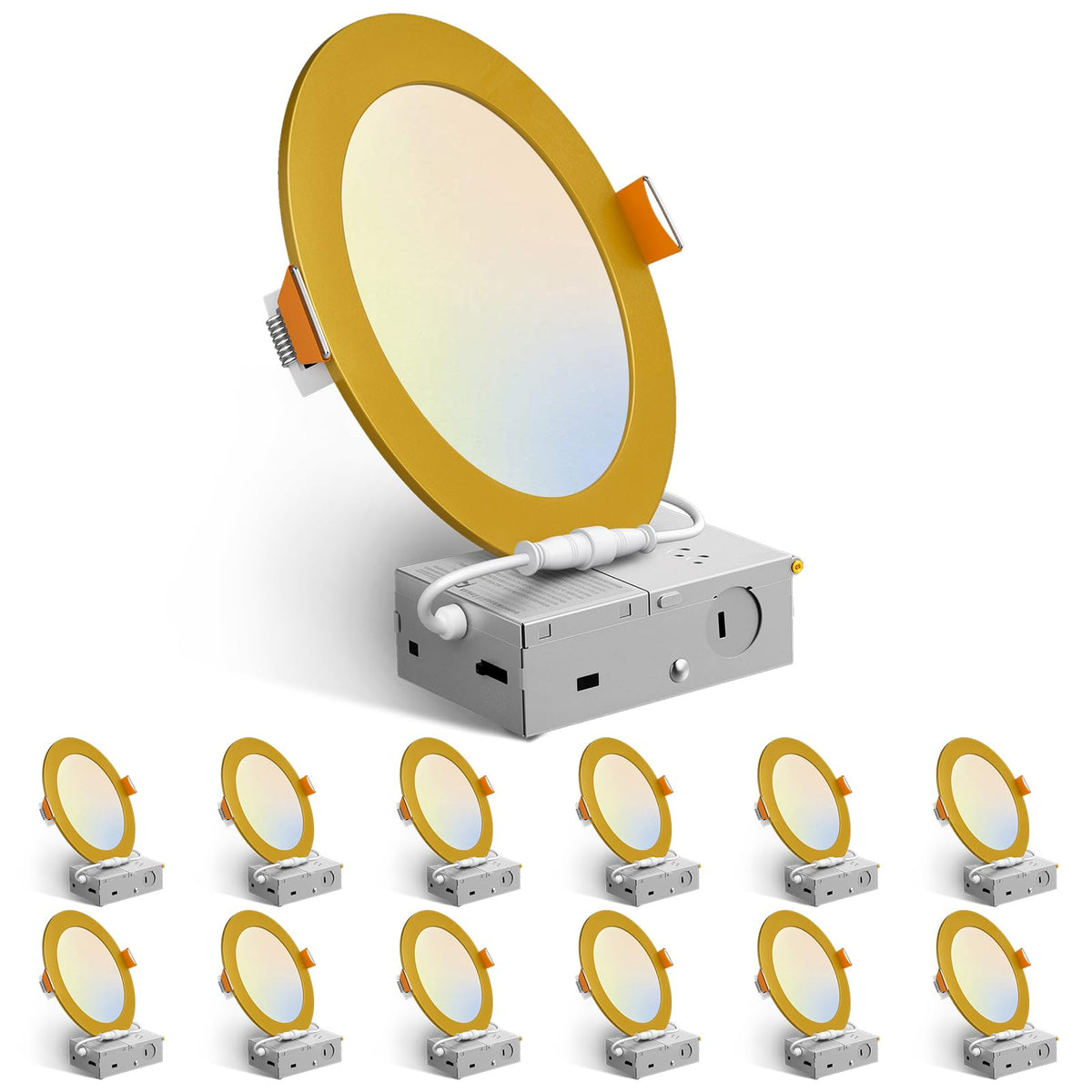 Amico 12 Pack 6 Inch LED Recessed Lighting, Canless Wafer Downlight, White | 5CCT 2700K-5000K, 5%-100% Dimmable, Ultra-thin, Metal housing, 1050LM 12W 120V, IC & Damp Rated, ETL & FCC, 50000h Life Span