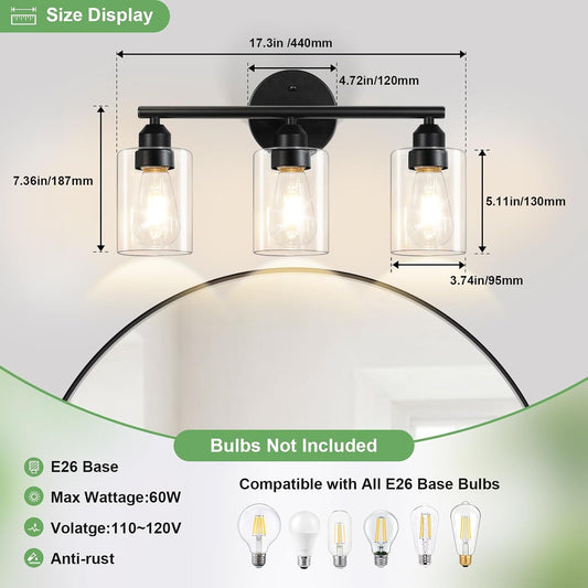 3-Light Black Modern Bathroom Vanity Light Fixtures, 17.3" | Glass Shade, For Bathroom Mirror, Kitchen, Living Room, Bath, Metal