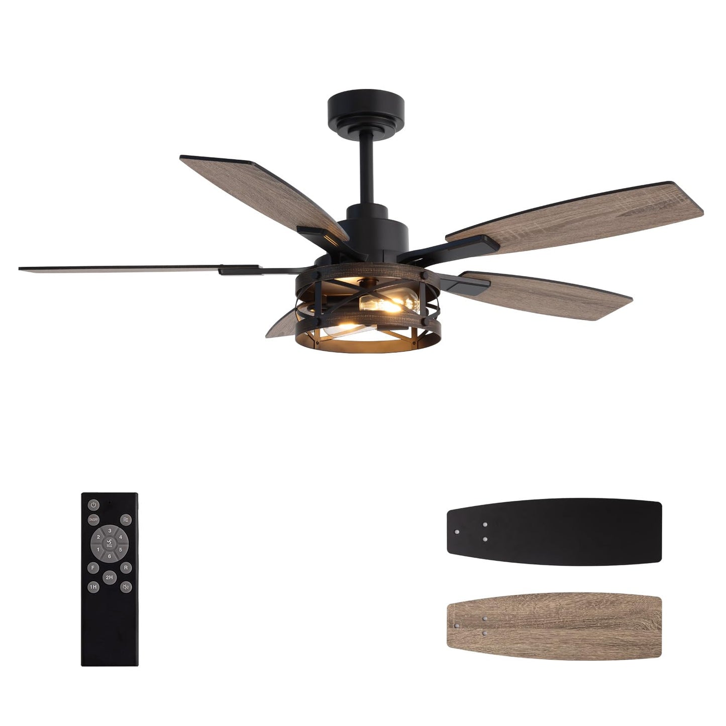 52 Inch Ceiling Fan with Light and Remote Control, Farmhouse Ceiling Fan with LED Lighting for Bedroom Living Room and Patio, Black Caged Ceiling Fan for Indoor and Outdoor(NO Bulbs)