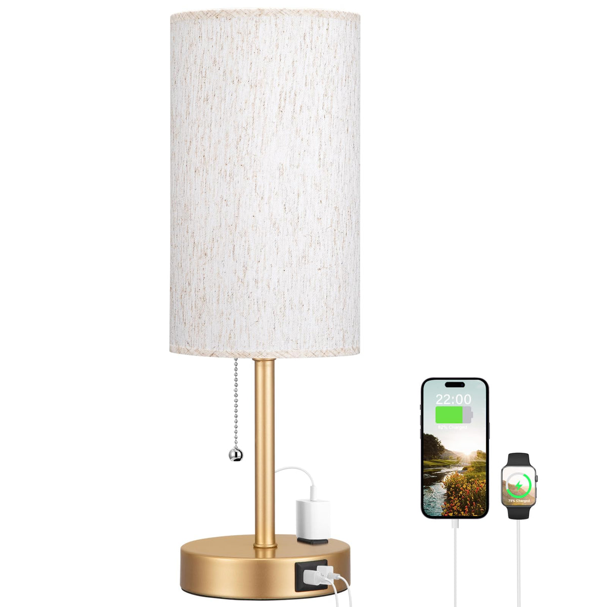 Dicoool Bedside Table Lamp for Bedroom - Small Desk Lamp with USB Ports | USB A+C Ports, AC Outlet, 3 Color Temperatures, LED Bulb Included, White Fabric Shade, Black Metal Base, 14" Nightstand lamp