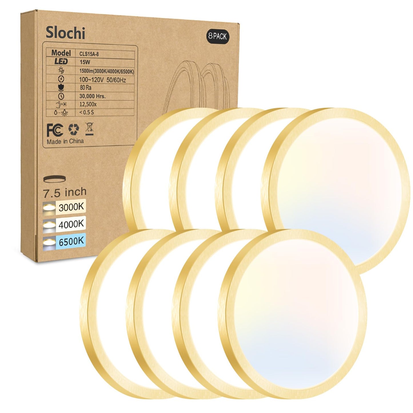 8PACK LED Flush Mount Ceiling Light Fixture, 3000K-4000K-6500K & 100W Equivalent Modern Kitchen Recessed Ceiling Lamp 15W 1500Lm 7.5 Inch Closet Round Surface for Bathroom Laundry Bedroom Hallway