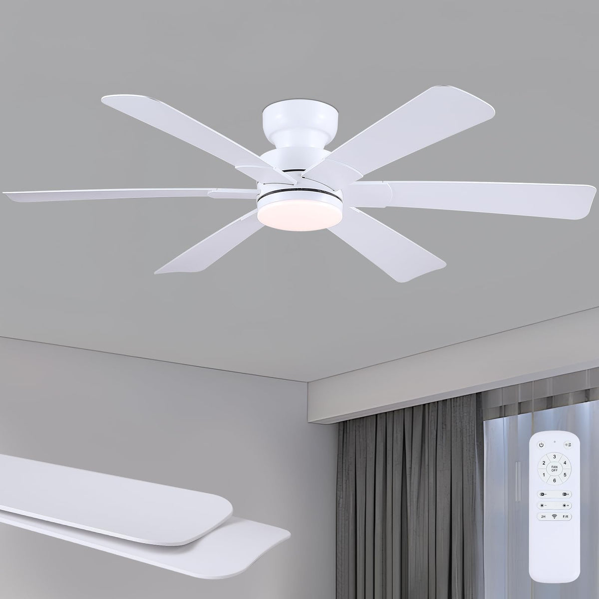 Asyko 46"Black 6-Blade Modern Low Profile Ceiling Fan with Light and Remote | 6 Double-Sided Blades,6 Wind Speeds, Reversible,Dimmable 3 CCT LED Light, 25W Quiet DC Motor,1/2H Timer,for Bedroom Kitchen
