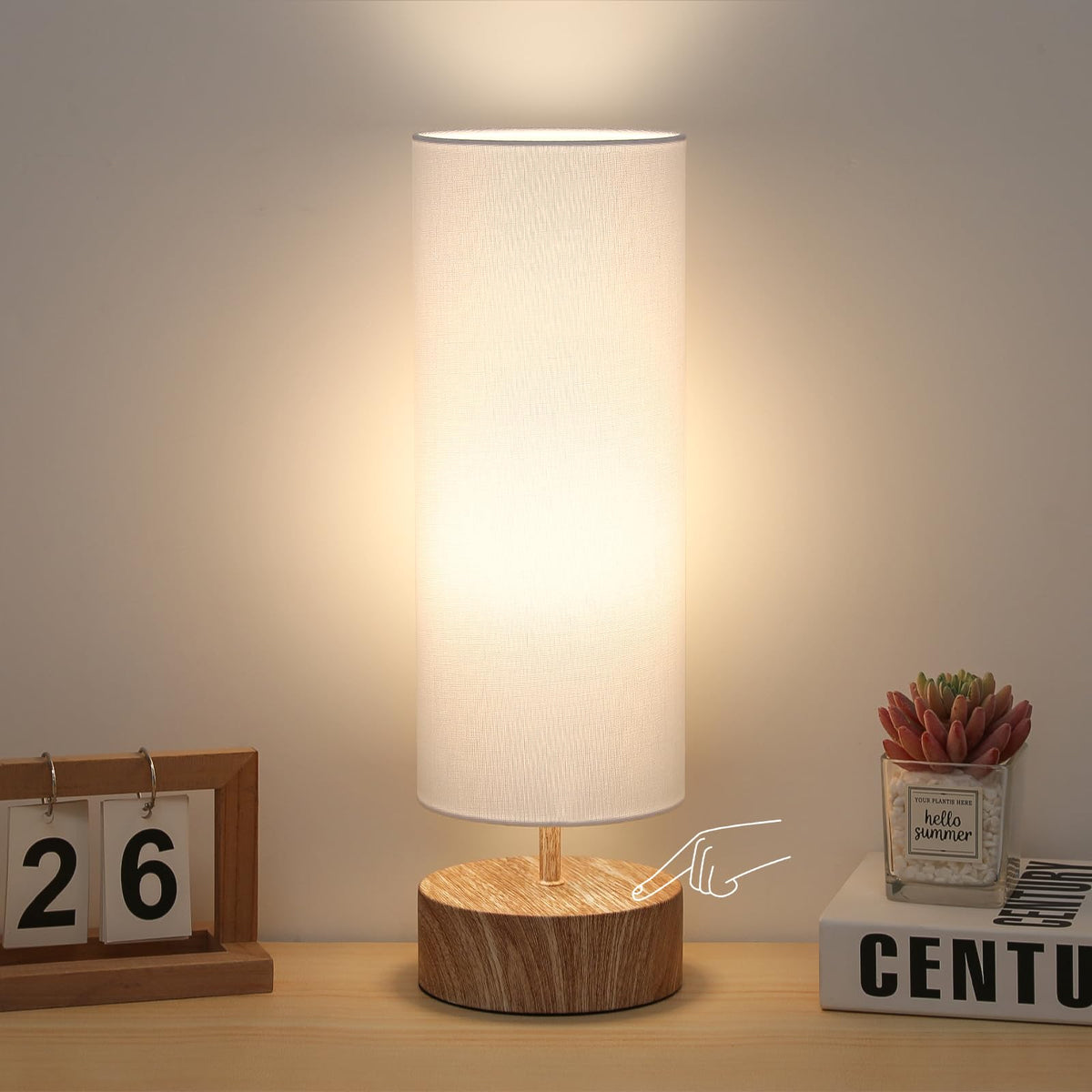 Touch Table Lamp, 3-Way Dimmable Bedside Lamp with Cylinder Fabric Shade | Modern Minimalist Accent Nightstand Desk Lamp, Night Light for Bedroom Living Room Kitchen, LED Bulb Included
