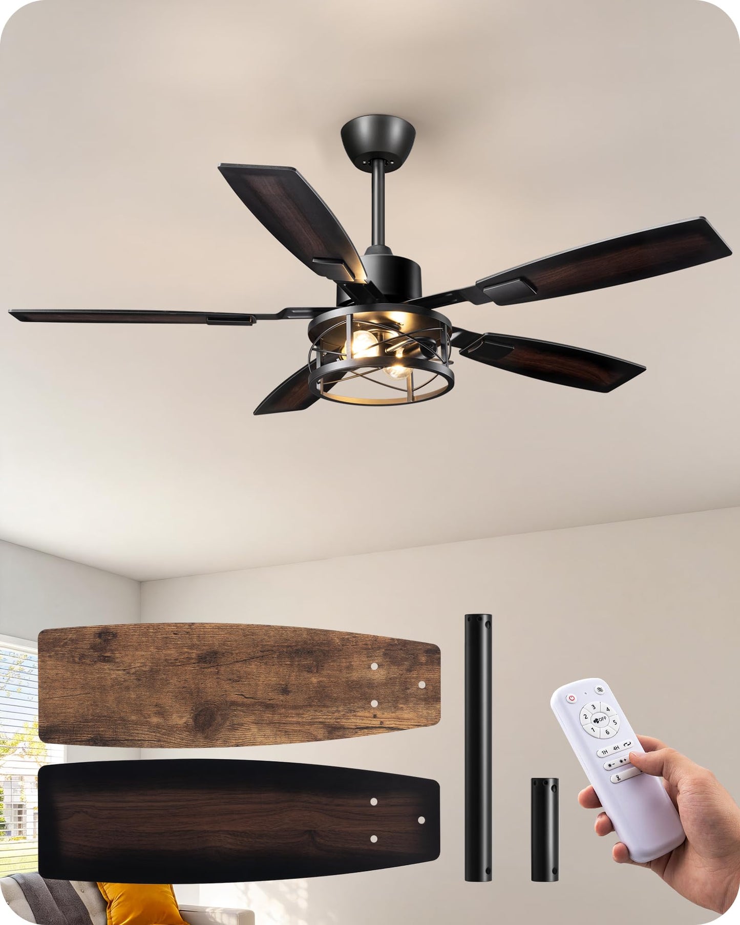 EDISHINE 42" Farmhouse Ceiling Fans with Light and Remote,10%-100% Dimmable | Reversible DC Motor, 6 Speed, 5 Wooden Blades, Timer, Rustic Caged Fandelier Ceiling Fan for Living Room, Bedroom