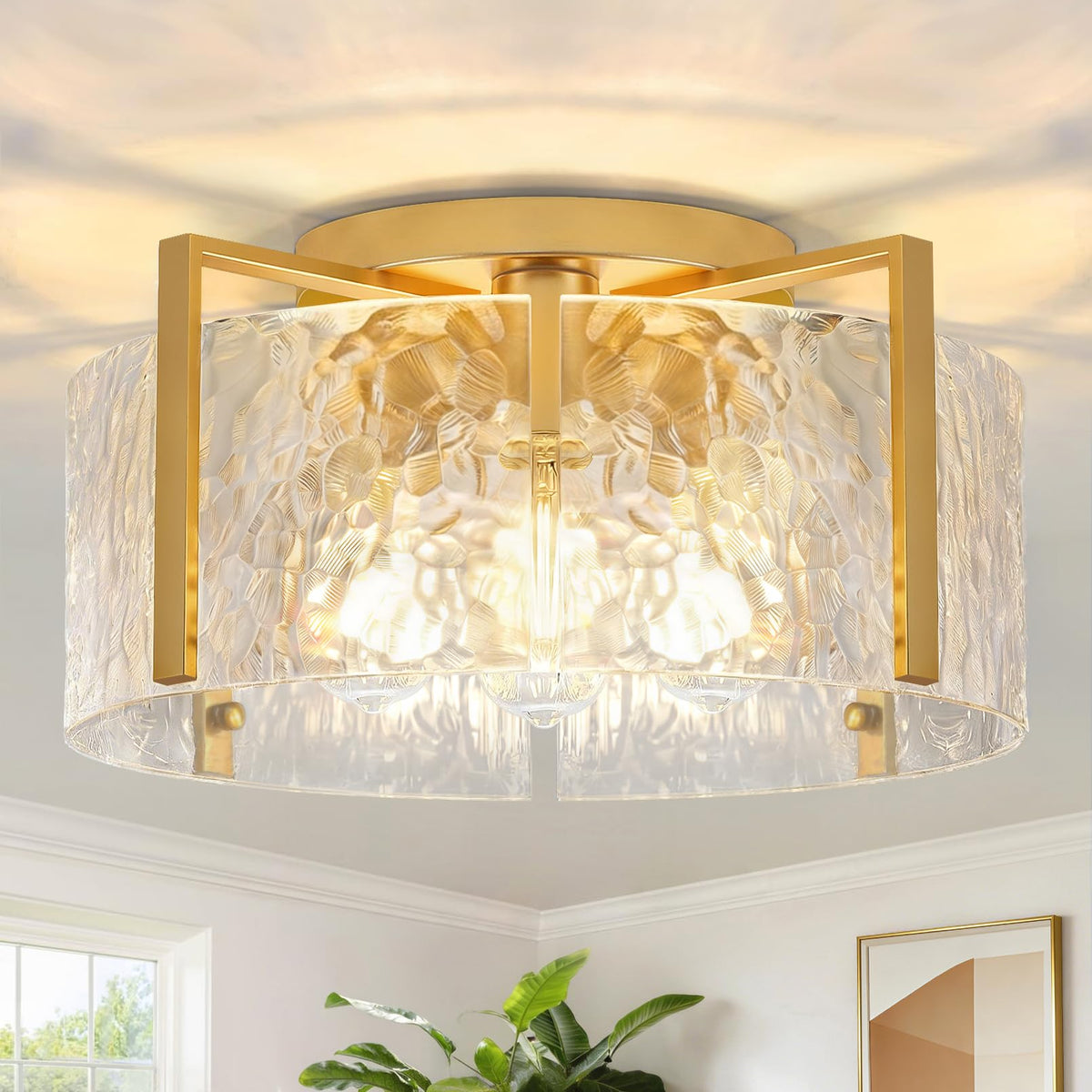 16" Semi-Flush Mount Ceiling Light, 4-Light Hammered Glass Drum Fixture | OYKYOHEI Indoor Lighting for Bedroom Hallway Entryway Kitchen Foyer Living Room Laundry Decor, Black Modern Dimmable E26