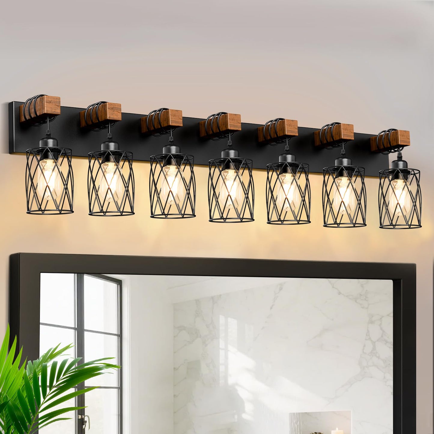 IZORRO Farmhouse Bathroom Vanity Light, 3-Light Wood Bathroom Light Fixtures Over Mirror, Black Industrial Vanity Lights with Metal Shade, Rustic Restroom Lighting Fixtures