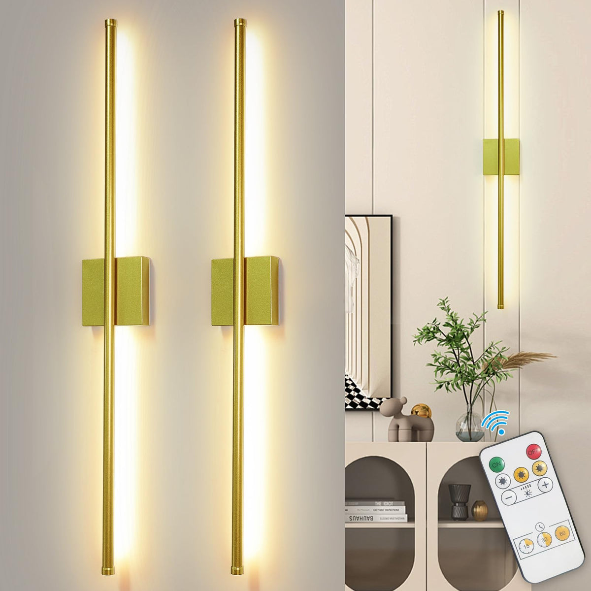 Depuley Battery Operated Wall Sconce: Set of 2 Wireless Wall Lights with 10000mAh Dimmable Bulbs and Remote for Bedroom - Rechargeable 15 Colors Gold Wall Lamp for Living Room Hallway