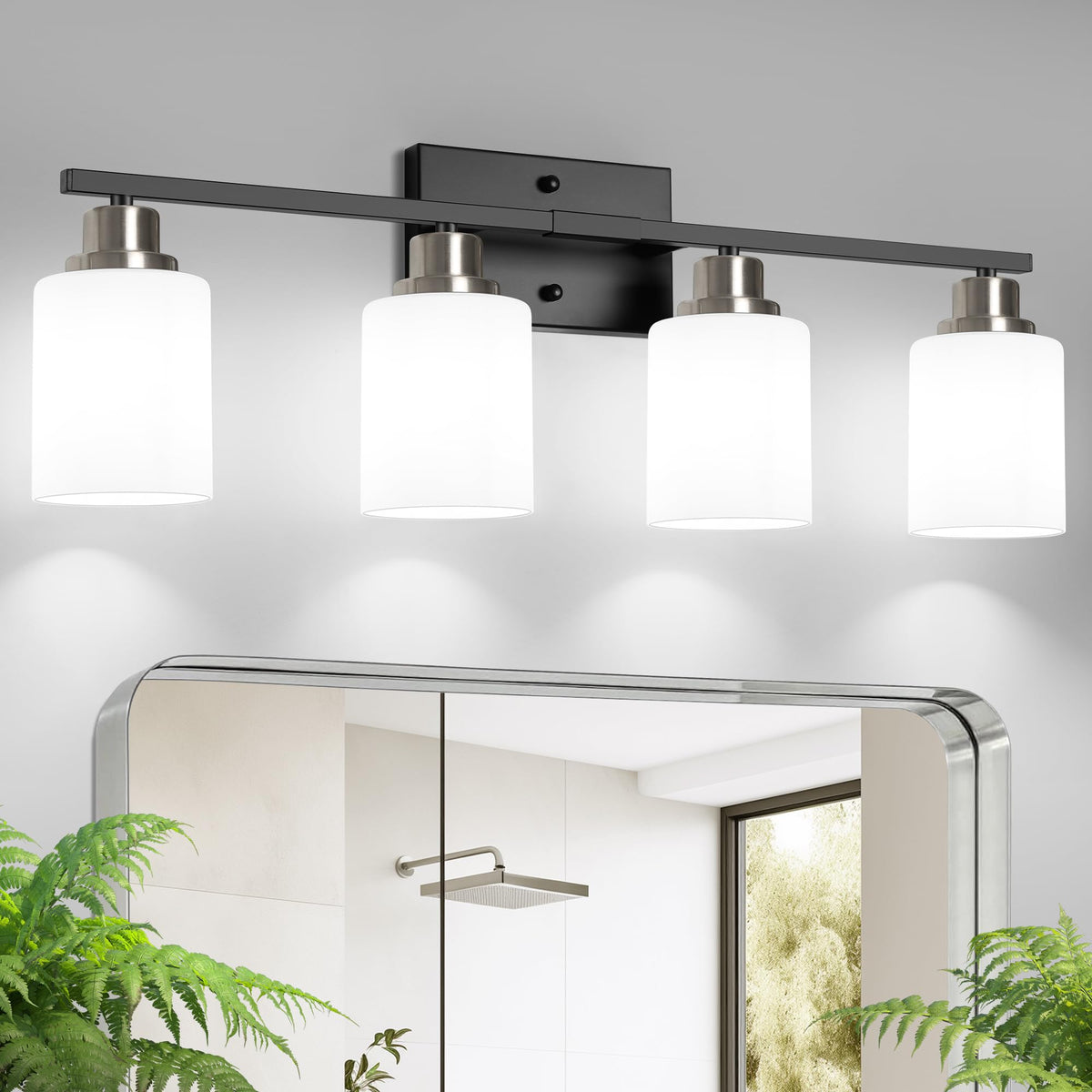 Ascher Bathroom Light Fixtures, 4-Light Vanity Light Over Mirror, Brushed Nickel Wall Sconces with Milky White Frosted Glass Shades, Wall Lamp for Living Room Bedroom, E26 Base(Bulbs Not Included)