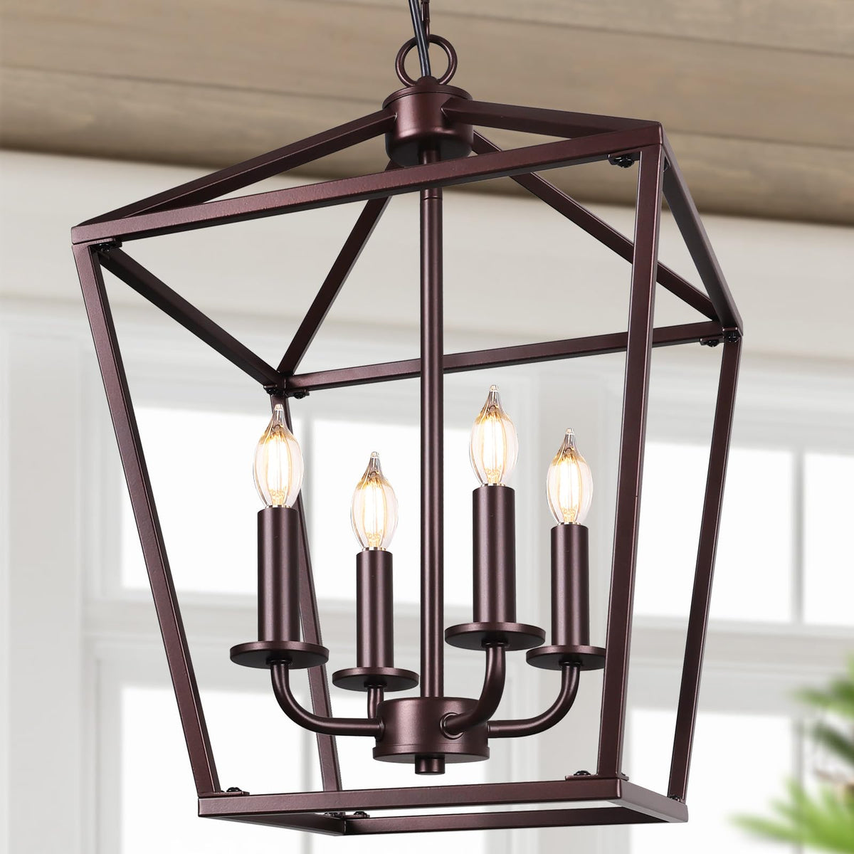 Black Farmhouse Chandelier, 4-Light Foyer Lighting Fixtures for Dining Room | Industrial Kitchen Lantern chandelier Over Table, Pendant Island Ceiling Light for Entryway, Metal Cage Adjustable Height