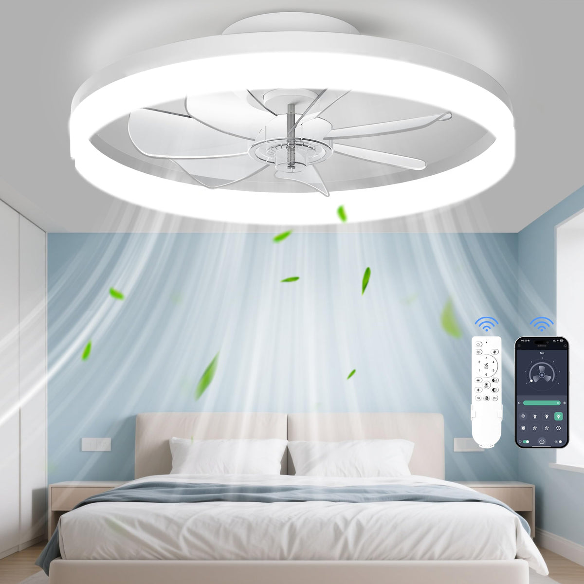 CHAREADA Ceiling Fan with Light, 20" Low Profile Foldable Ceiling Fans | with 6 Wind Speeds, Dimmable Smart Ceiling Fan Light with Remote for Bedroom, Kids Room and Living Room