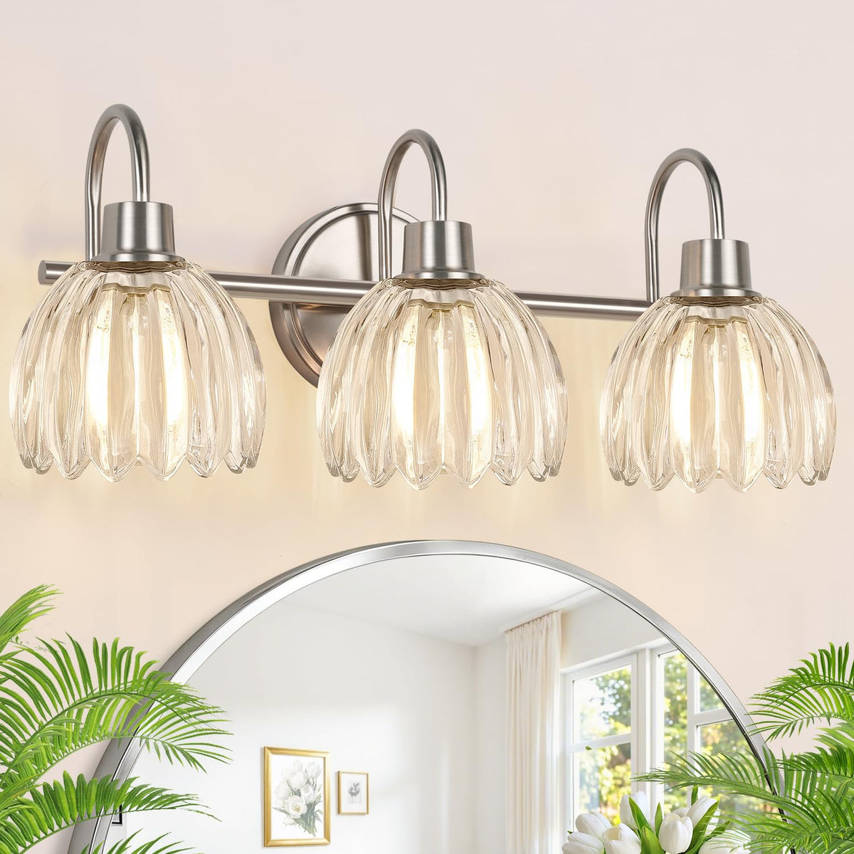 Bathroom Light Fixtures, 3-Light Brushed Gold Vanity Lights for Bathroom with Ribbed Amber Tulip Glass Shade, 20 in Bathroom Vanity Lights Over Mirror for Bedroom, Living Room, Hallway