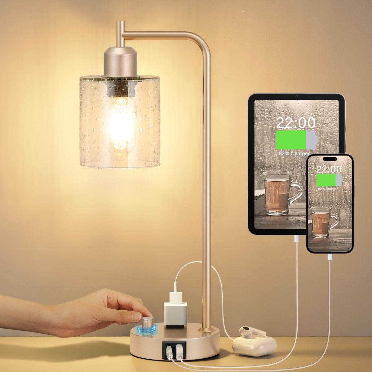 Innqoo Gold Table Lamp for Bedroom - Industrial Bedside Lamp with USB Port and Outlet, Fully Dimmable Nightstand Lamp with Clear Glass Shade, Small Desk Lamps for Home Office