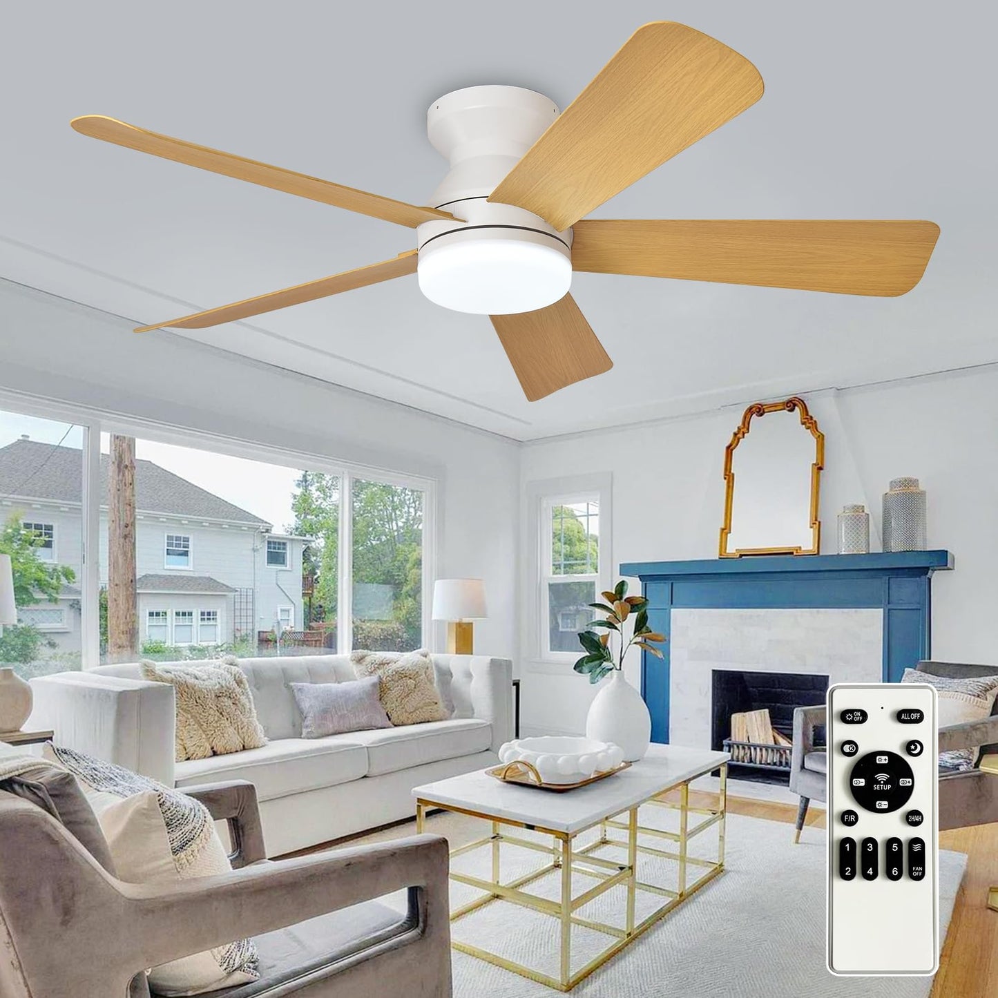 Depuley Modern Ceiling Fan with Light: 42-Inch Black Small Fans for Bedroom Indoor Outdoor - Dimmable Low Profile Ceiling Fans with Remote Control Flush Mount 5 Reversible Black Blades 6 Speeds Timer
