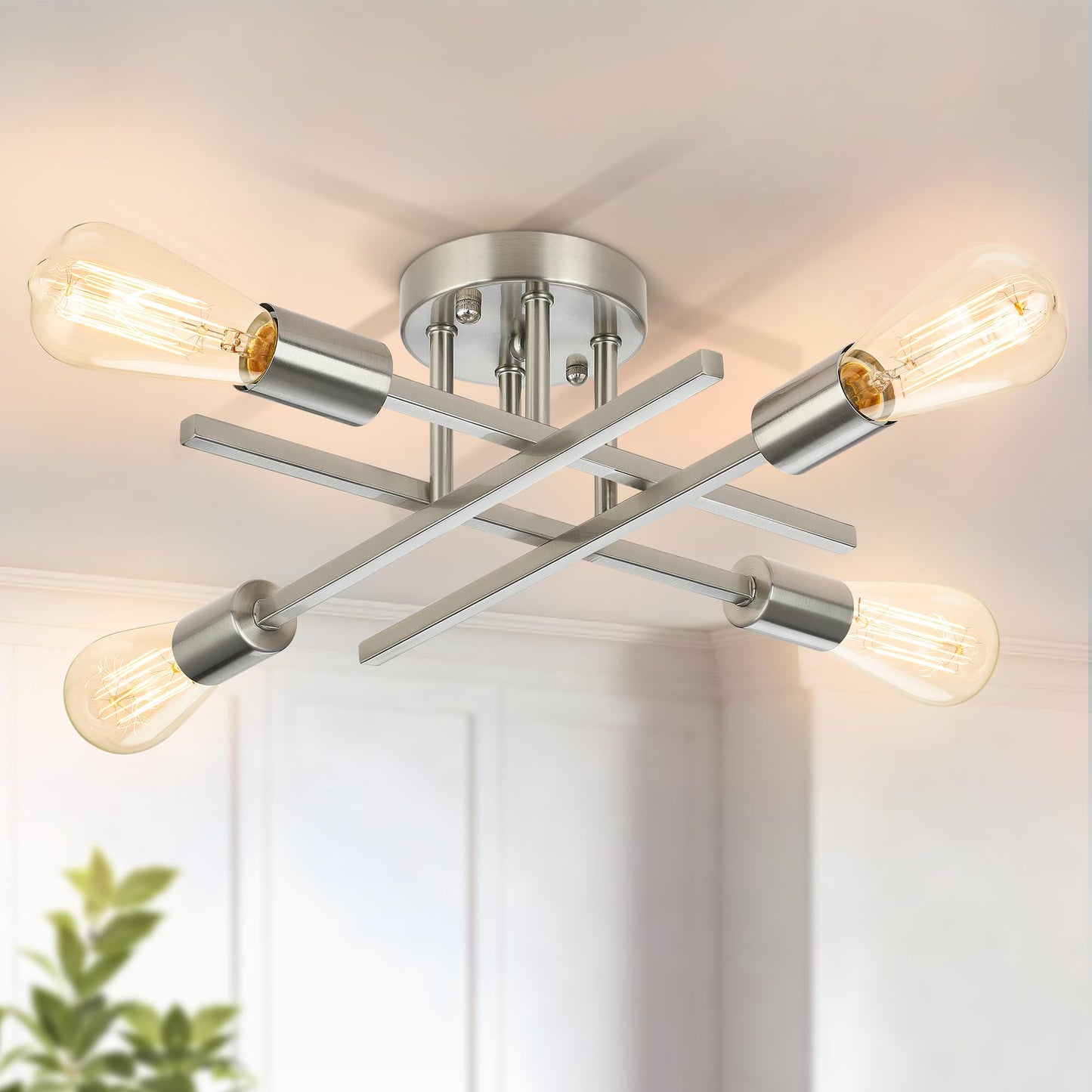 Industrial 4-Light Semi Flush Mount Ceiling Light Fixture, Modern Farmhouse Lights Matte Black, Rustic Sputnik Chandelier for Bedroom Foyer