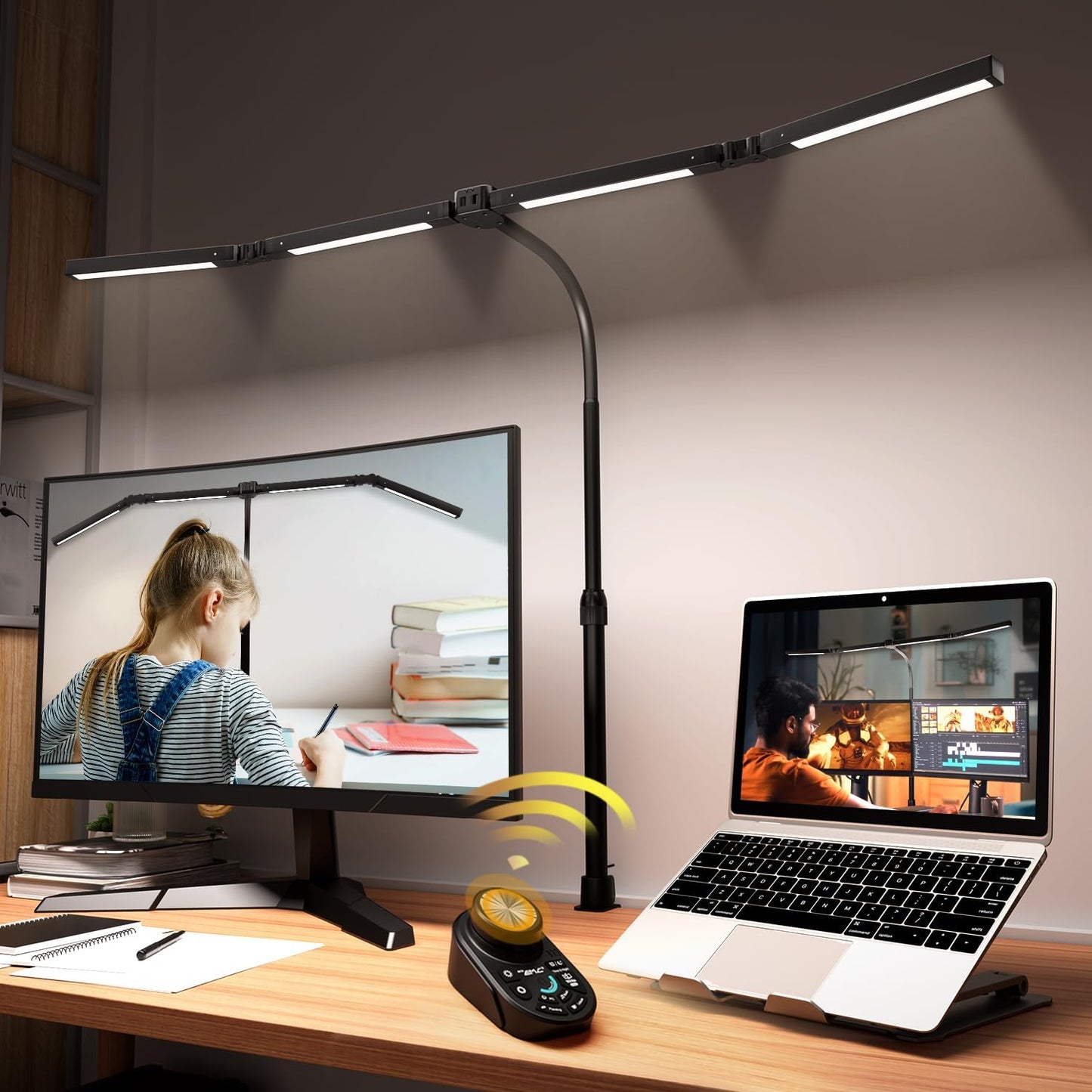 Adjustable LED Desk Lamp with Clamp, 4-Head Eye-Caring CRI95+ Desk Light, Stepless Dimming & Color Temp Remote Control, Flexible Neck, 5-Mode for Reading, Computer, Crafting, 90" Wide Desk Coverage