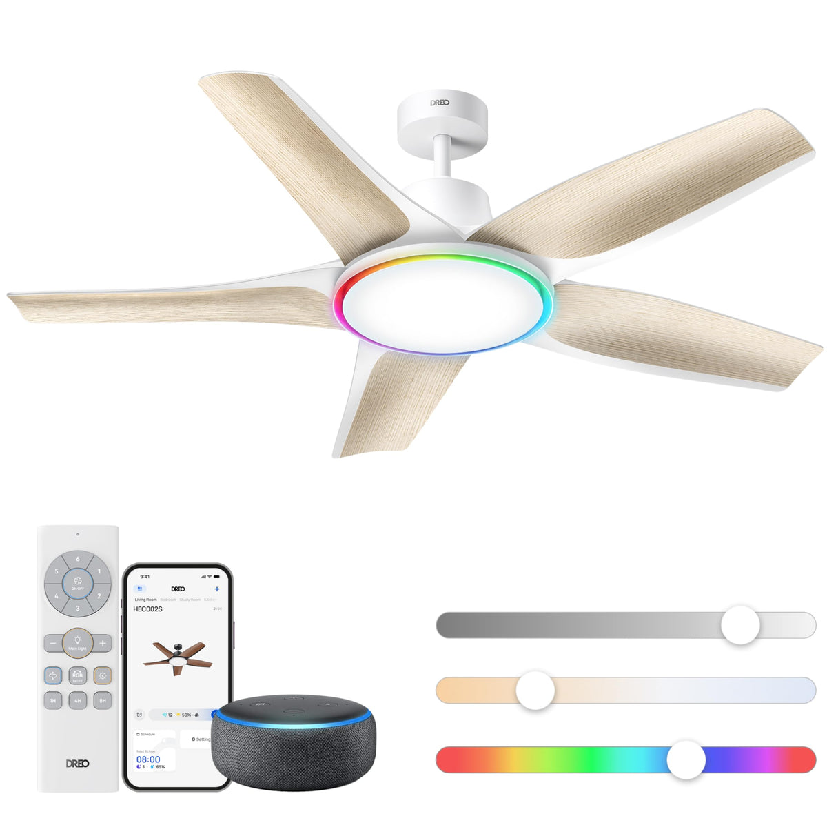 DREO Smart RGBIC Ceiling Fans with Lights, Low profile Ceiling Fan with Alexa/App, 52'' Dimmable Lighting & Color Tuning, 25dB Quiet for Living Room, Game Room, Easy Installation, Black, 2026 Upgraded