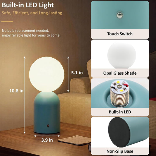 10.8” Cordless Rechargeable LED Table Lamp, White Opal Glass Shade, Blue | 2000mAh Touch Dimmable Desk Lamp for Nightstand, Bedroom, Living Room, Office, Entryway, Camping, Patio Indoor & Outdoor Use