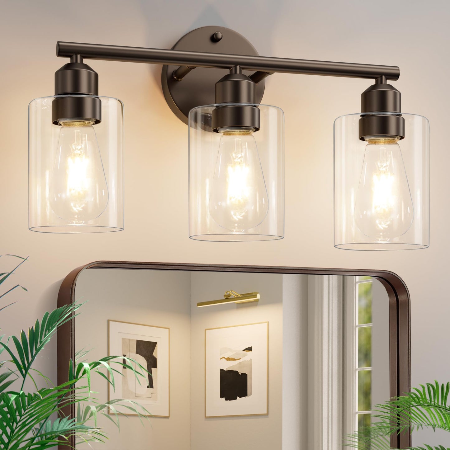 3-Light Black Modern Bathroom Vanity Light Fixtures, 17.3" | Glass Shade, For Bathroom Mirror, Kitchen, Living Room, Bath, Metal