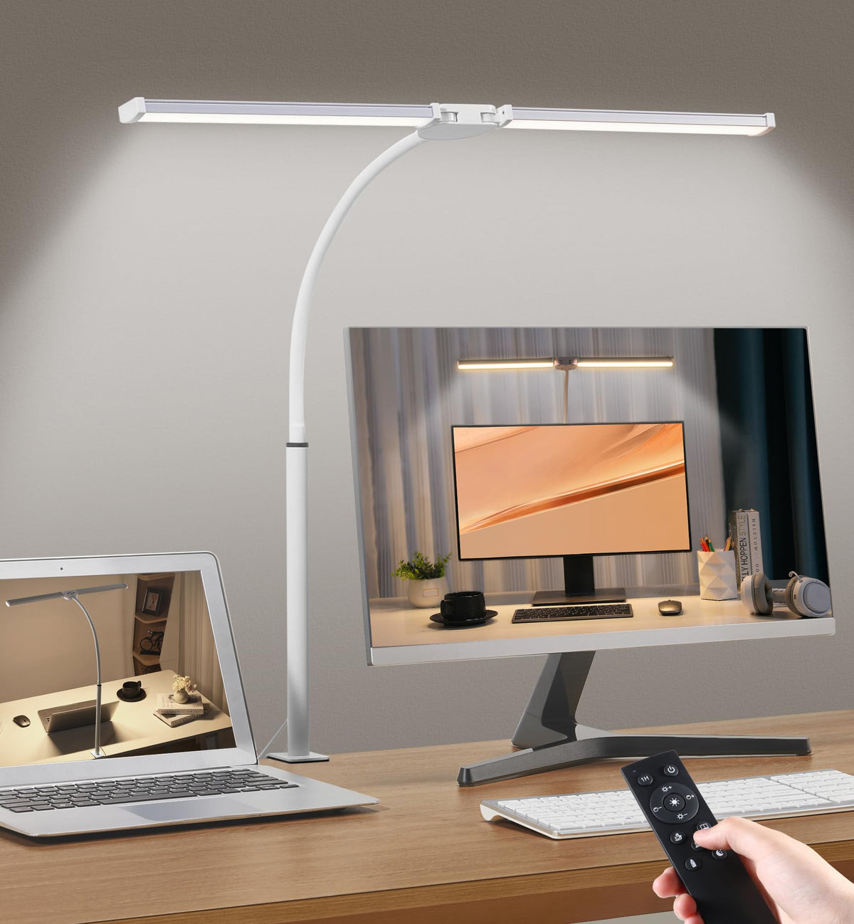 Motumen Led Desk Lamp for Home Office, Eye-Care Desk Light Clamp, Black | Smart Double Head Computer Monitor Table Clip Lamp, Adjustable Flexible Goose-Neck, 25 Lighting Models, Task Lamp