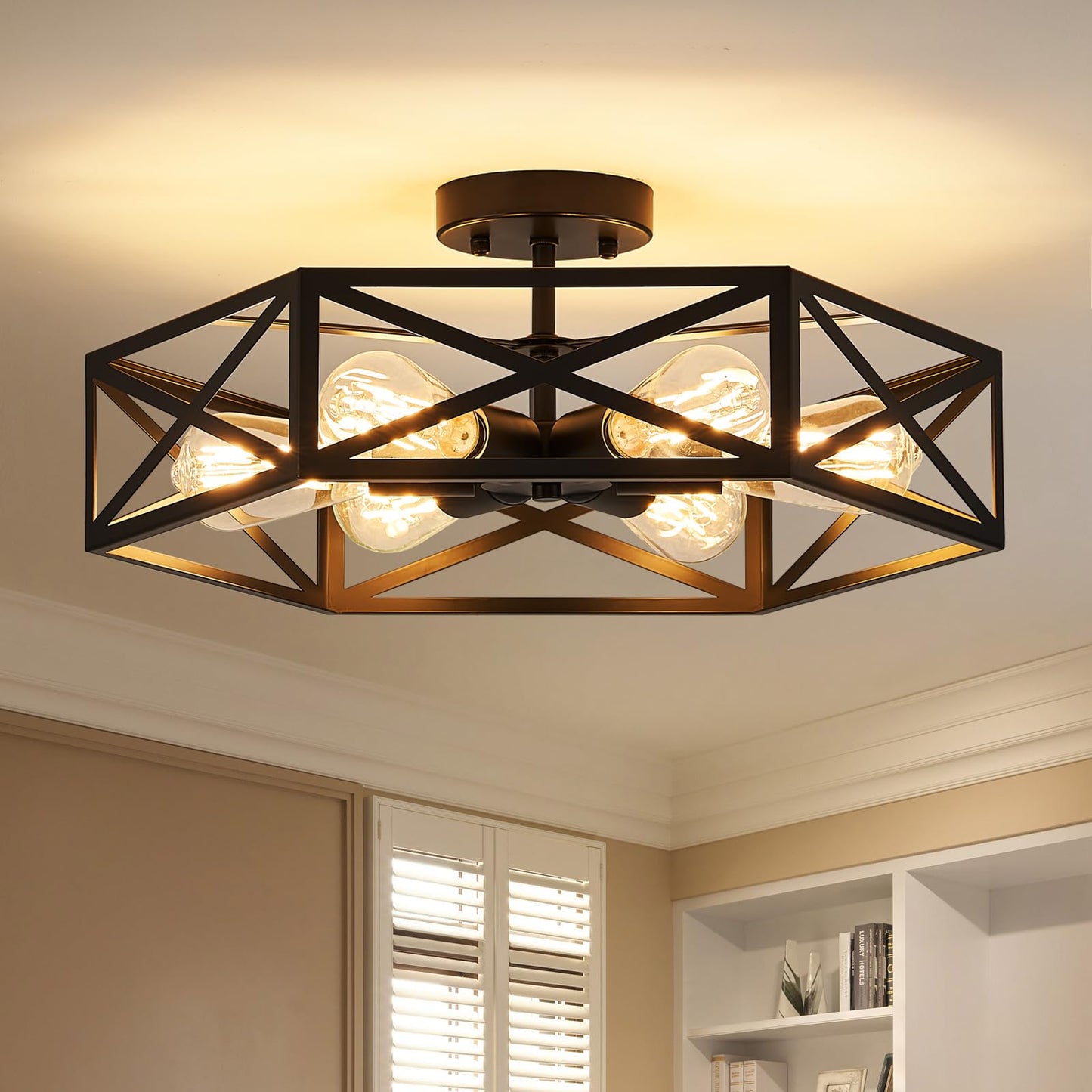 Black Modern Farmhouse Metal Semi Flush Mount Ceiling Light Fixture 14.6 in | Industrial Ceiling Lighting Fixture,hexagonal Lighting Fixtures for Kitchen Island Bedroom Foyer Dining Room Hallway,3-Light