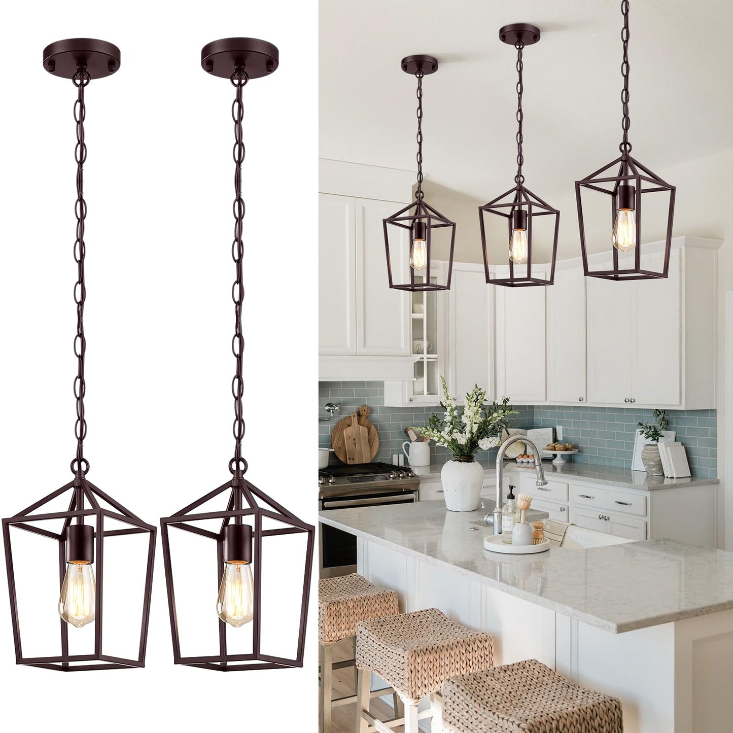 Sheetea 2 Pack Pendant Lights Kitchen Island, Modern Black Light Fixtures | Farmhouse Design, Ceiling Hanging Height Adjustable, Durable Metal, Quick & Easy Installation, Small Pendant Lighting