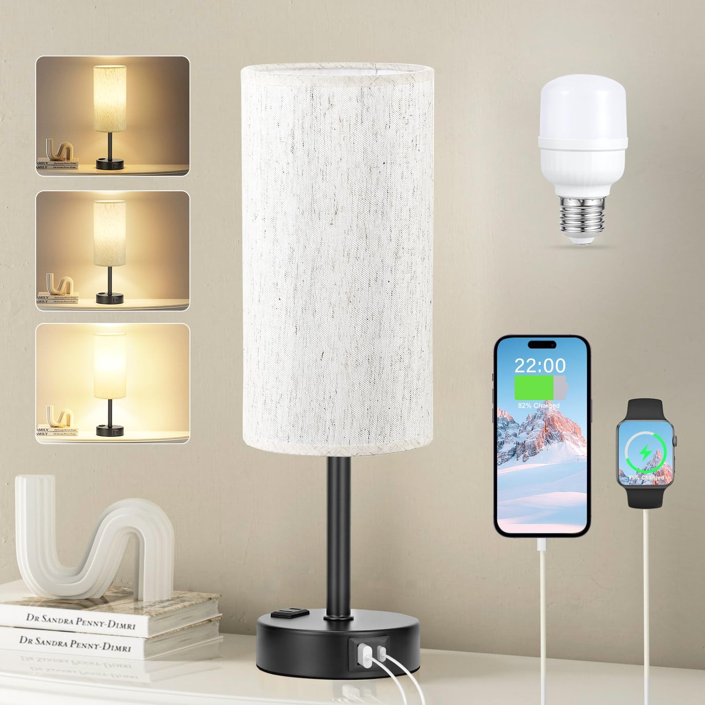 Bedside Table Lamp for Bedroom - Dimmable Touch, USB A+C, AC Outlet | 3-Way Dimmable, LED Bulb Included, Fabric Lampshade, Wood-Grain Metal Base, 14" Small Nightstand Lamp for Desk, Living Room