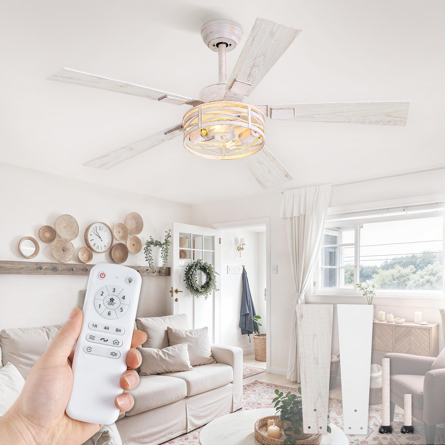 Fanbulous 48" Farmhouse Ceiling Fan with Light & Remote, 2-Light Caged | DC Motor Quiet and Reversible, 6-Speed Adjustable, Dual Finish 5 Blades Rustic for Bedroom and Living Room, Black and Walnut