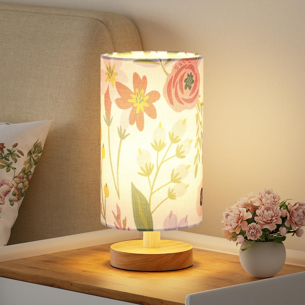 9" Small Table Lamp for Bedroom - Inline Control with 3000K Blub | Cream Shade and Wood Base | 680 Lumens | Easy Assembly | Minimalist Design | E26 | for Kitchen | for Kids Room