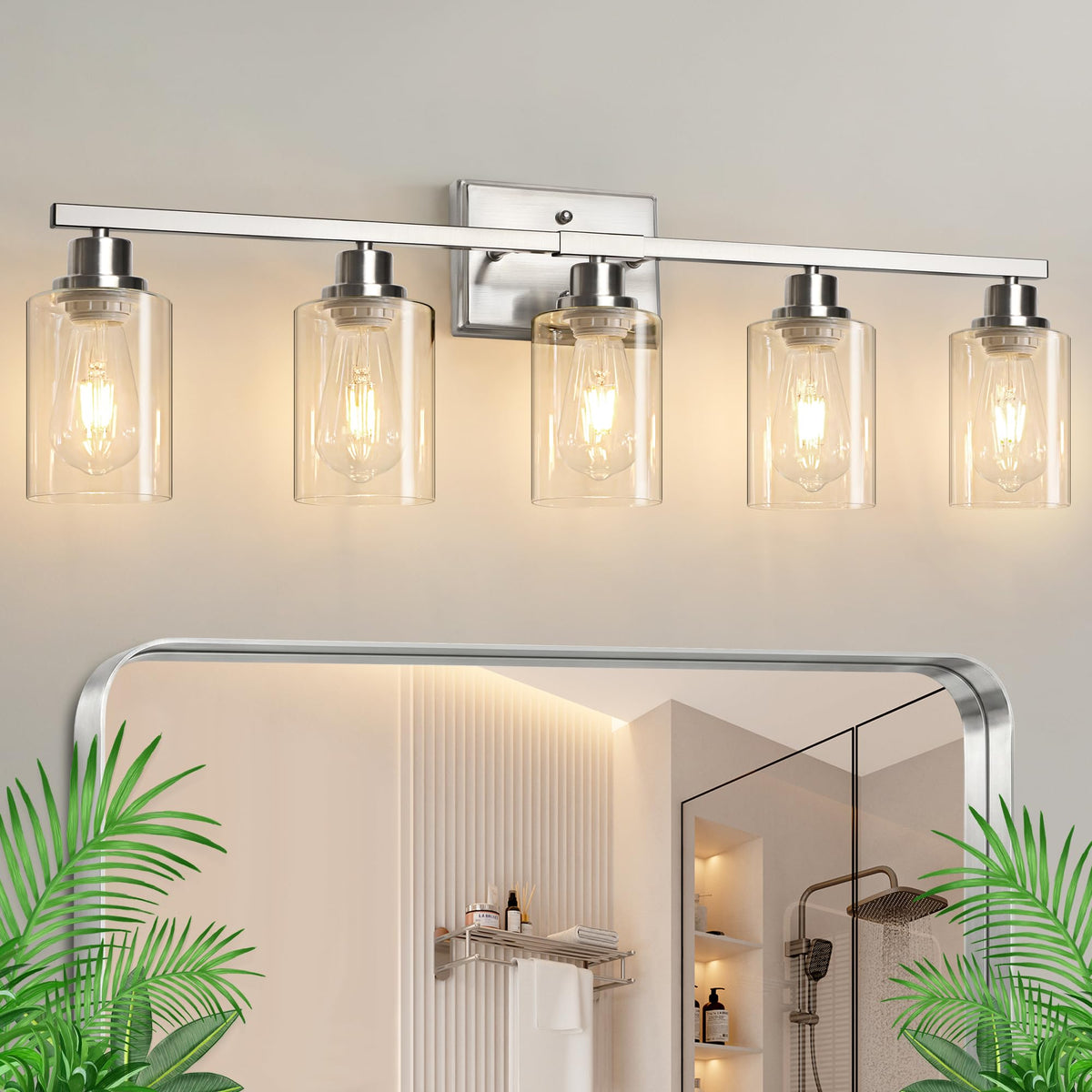 Ascher Bathroom Vanity Light Fixtures, 3 Light Wall Sconces Lighting with Clear Glass Shade, Brushed Nickel Wall Lights for Mirror, Kitchen, Living Room, Gallery, E26 Base (Bulbs Not Included)