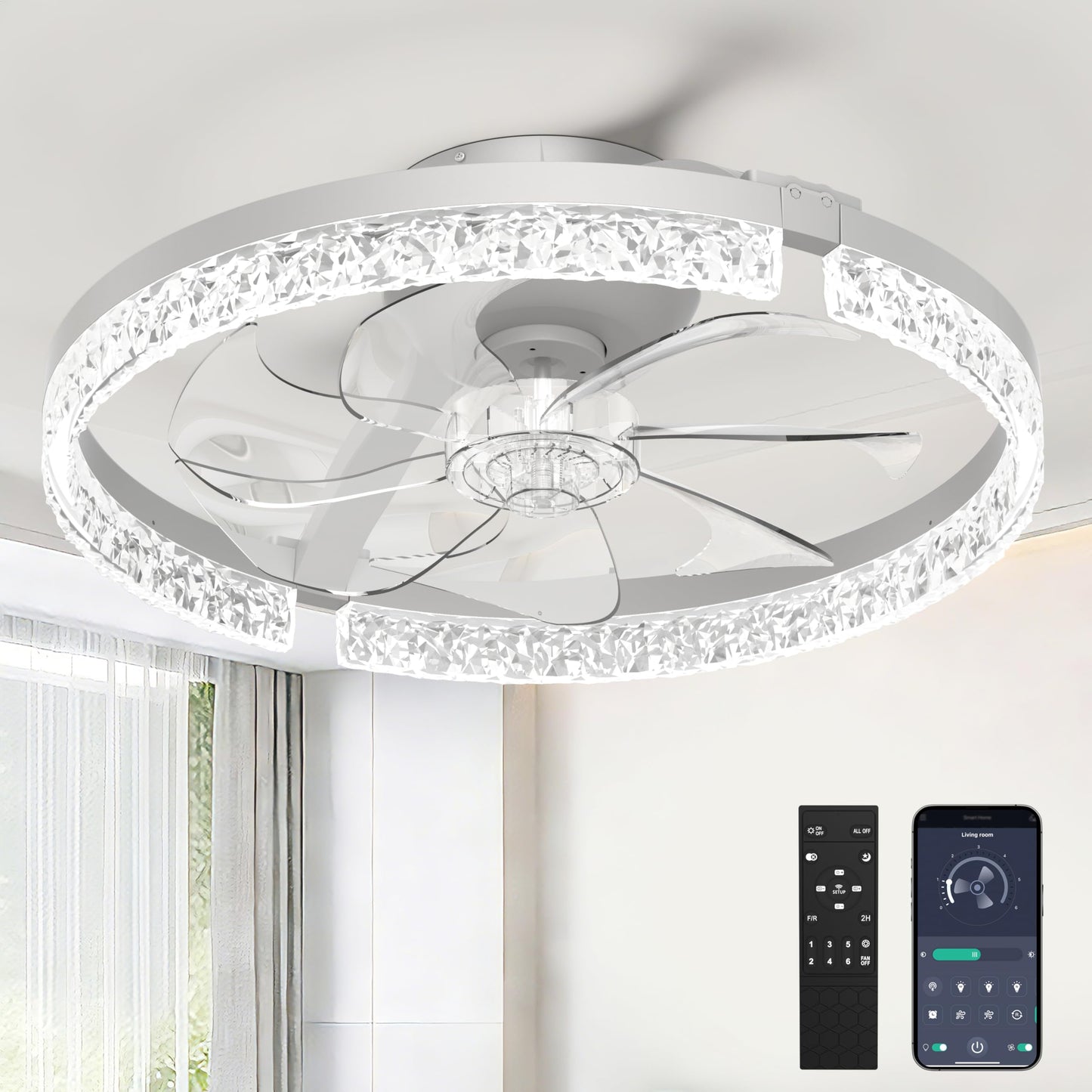 20 Inch Ceiling Fan Light with Lights and Remote, Easy Install Ceiling Fans | Low Profile Flush Mount Ceiling Fans with Light, 3CCT Dimmable Smart Ceiling Fan Lights for Bedroom