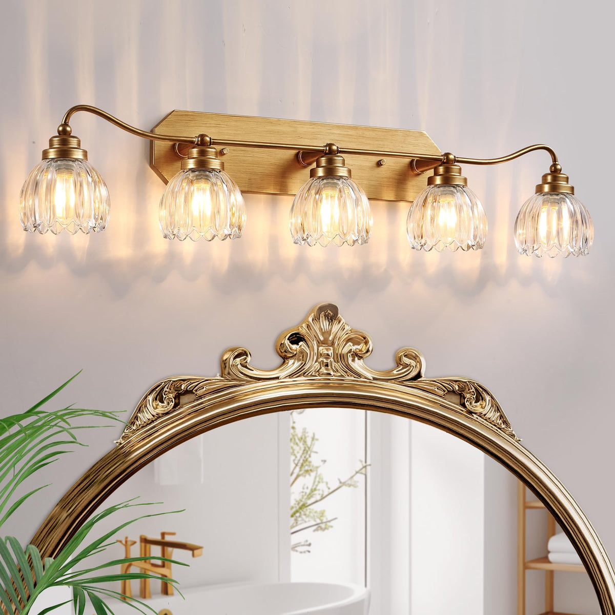 3 Light Gold Vintage Vanity Lights, Antique Brass Finish | Clear Tulip Crystal Shades,Brushed Gold Bathroom Light Fixtures,Wall Sconce Ideal for Bedroom, Hallway, Easy to Install