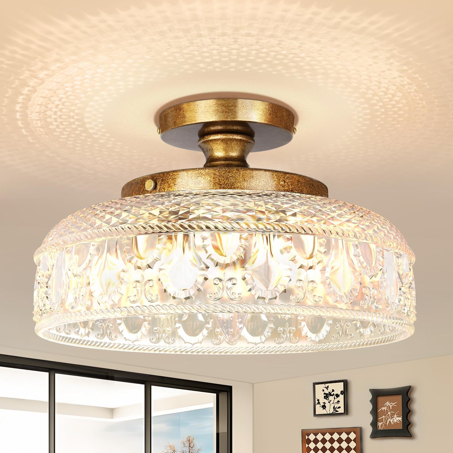 Lamomo Semi Flush Mount Ceiling Light, Golden Hallway Fixture, 12in | 3 Bulb Globe Glass Close to Sconce, kitchen lights, Indoor Hanging Lamp for Bedroom Kitchen Porch Hallway, Bulbs Not Included