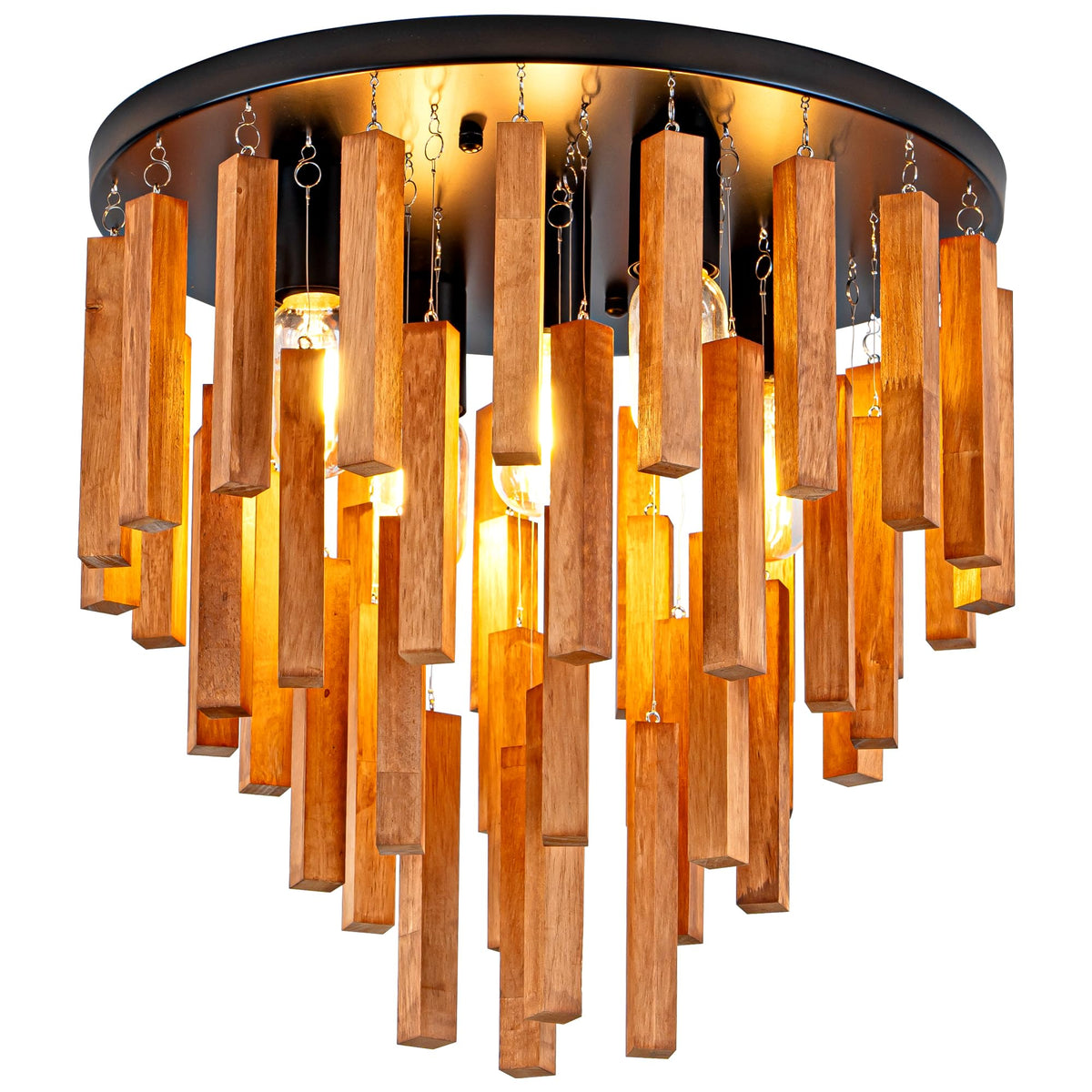 Farmhouse Ceiling Light, 2-Light Round Flush Mount Ceiling Light with Wood and Metal Frame, Black Rustic Light Fixture for Hallway, Entryway, Bedroom, Kitchen
