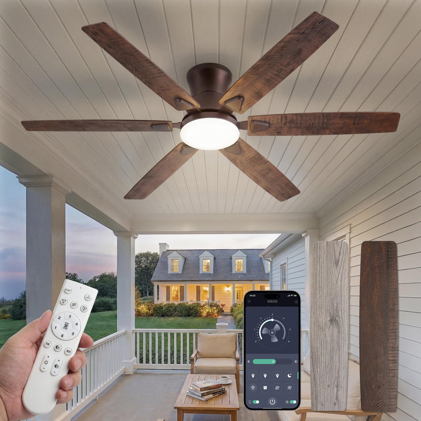 Fanbulous 52 Inch Flush Mount Ceiling Fans with Light, Remote & APP Control | 6-Blade Gentle Breeze,Quiet DC Motor, 3CCT,Dimmable,Memory Function,Reversible, Damp-Rated, Living Room,Bedroom,Covered Patio