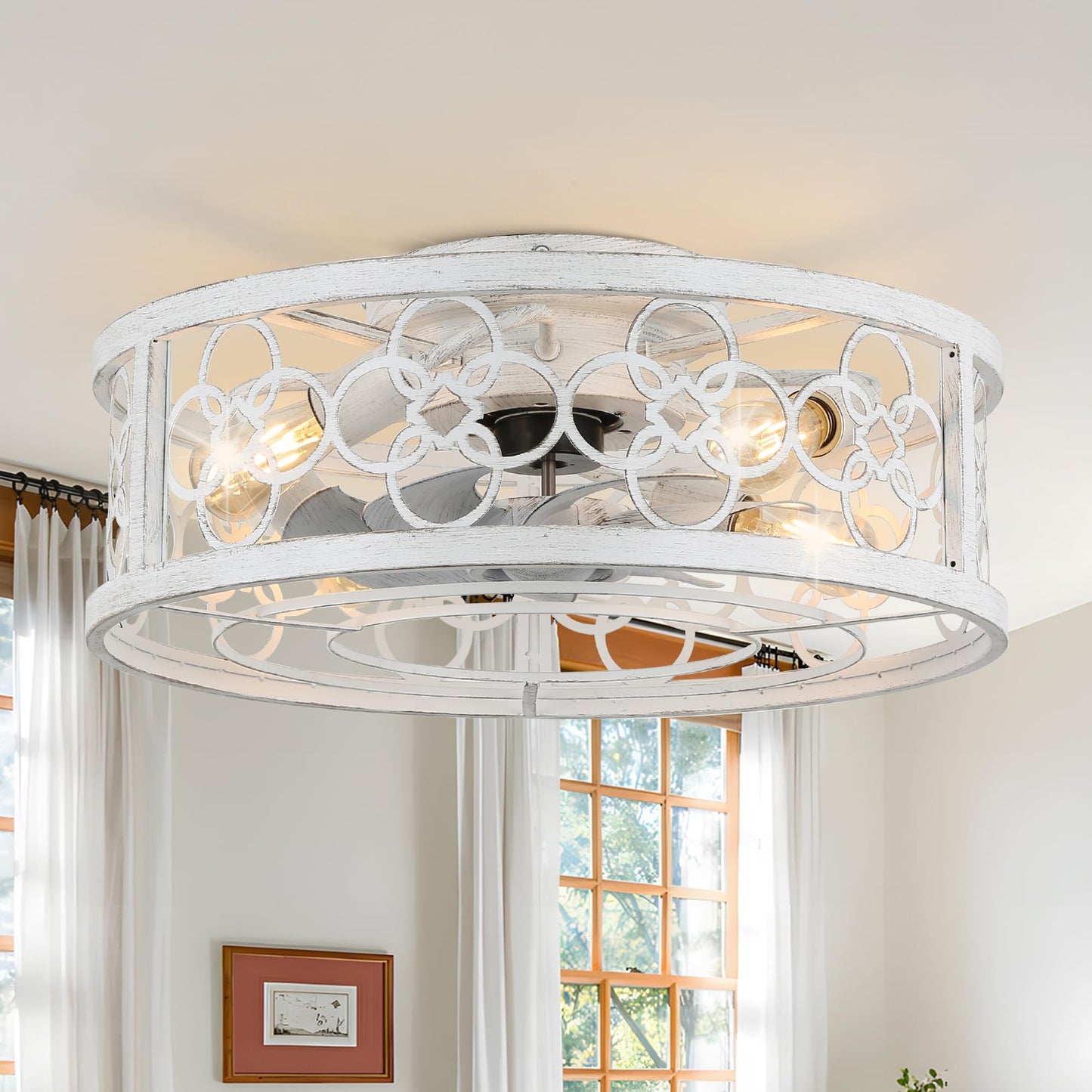 52 Inch Flush Mount Farmhouse Ceiling Fans with Lights and Remote Control | 5 Reversible Blades Vintage Low Profile Ceiling Fan with 3-Light 6 Speeds for Living Room Bedroom Kitchen Dining Room