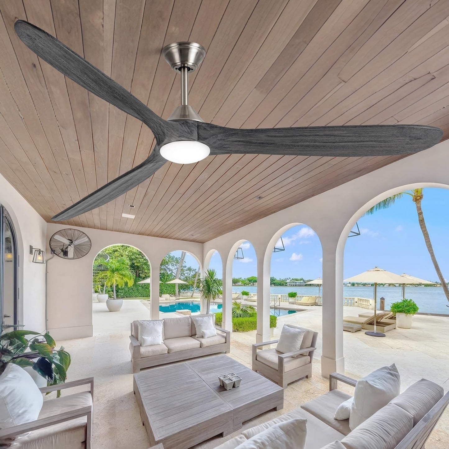 60 inch Outdoor Ceiling Fan for Patios with Light, Farmhouse style | 3 Blades Wood Ceiling Fan, Damp Rated Large Airflow Commercial Ceiling Fans for Exterior House Porch Gazebo