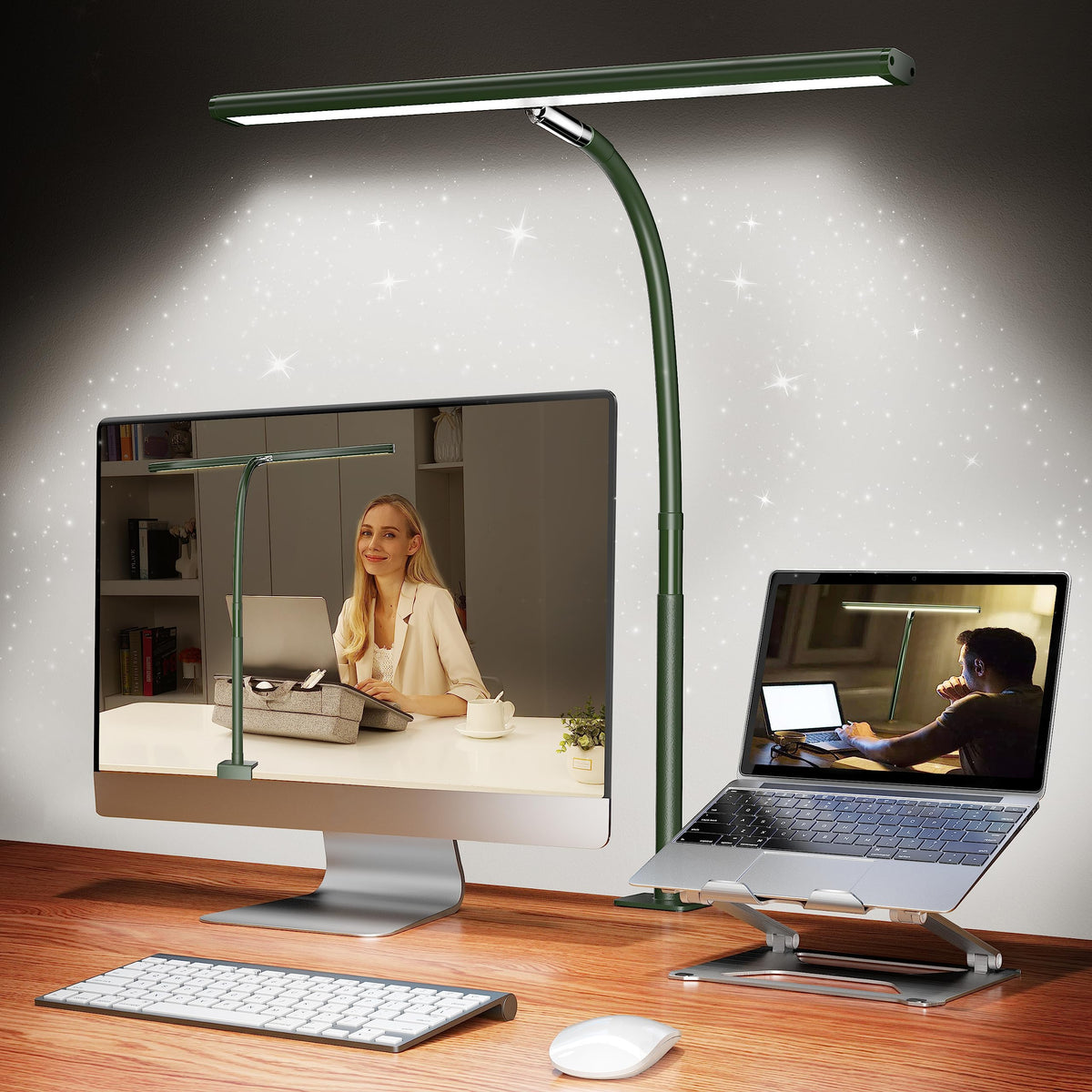 Airlonv LED Desk Lamp with Clamp, 17" Stepless Dimming Light, Black | 2700K-6500K, 100 LEDs, 360° Gooseneck, Fits Up to 30" Monitors, Flicker-Free Lighting for Home Office, Study& Workbench