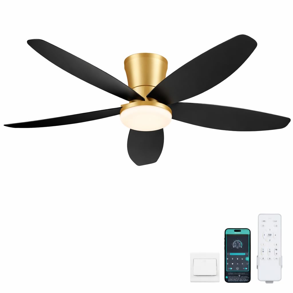 42" Ceiling Fans with Lights-Low Profile Ceiling Fan with Light and Remote Control,Flush Mount,DC Reversible,LED Dimmable Blakc Ceiling Fans for Bedroom,Indoor/Outdoor Patio Use