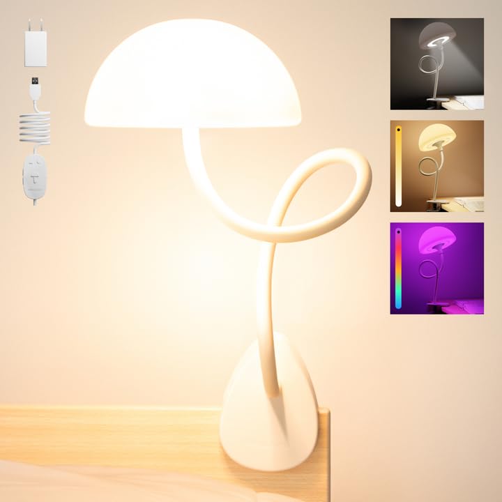 Shroommate Dorm Room Essential Clip On Bed Light - Headboard and Bedside Table Lamp, Flexible Reading Lamp, Night Light for Kids Nursery, Clip on for Desk, MultiColor LEDs, Adapter Included (White)