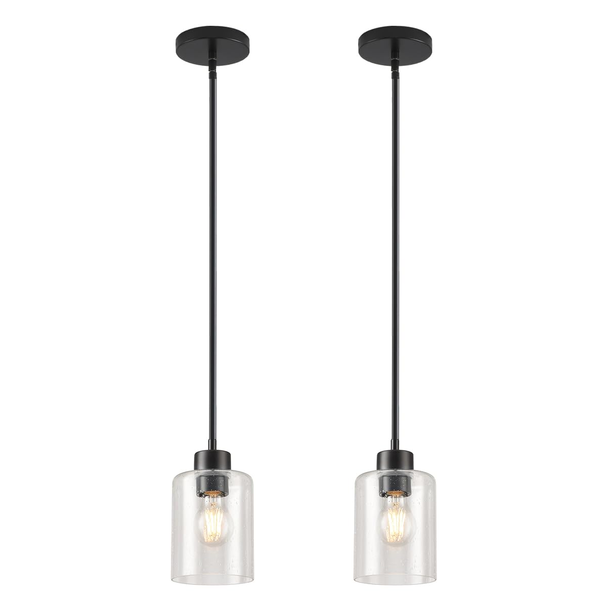 Modern Black Farmhouse Clear Glass Cylinder Pendant Light Fixture,Island Lights for Kitchen,Mini Pendant Lighting for Kitchen Island Decor - 4.75 Inch Shade 58 Inch Cord (Black 2 Pack)