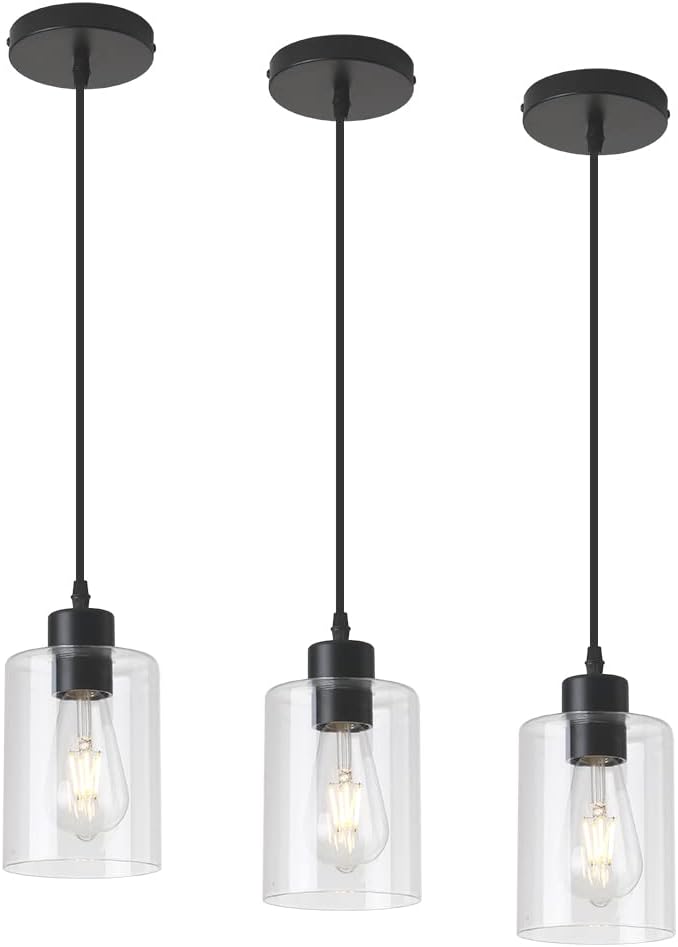 Modern Black Farmhouse Clear Glass Cylinder Pendant Light Fixture,Island Lights for Kitchen,Mini Pendant Lighting for Kitchen Island Decor - 4.75 Inch Shade 58 Inch Cord (Black 2 Pack)