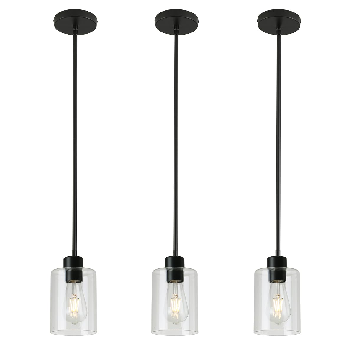 Modern Black Farmhouse Clear Glass Cylinder Pendant Light Fixture,Island Lights for Kitchen,Mini Pendant Lighting for Kitchen Island Decor - 4.75 Inch Shade 58 Inch Cord (Black 2 Pack)