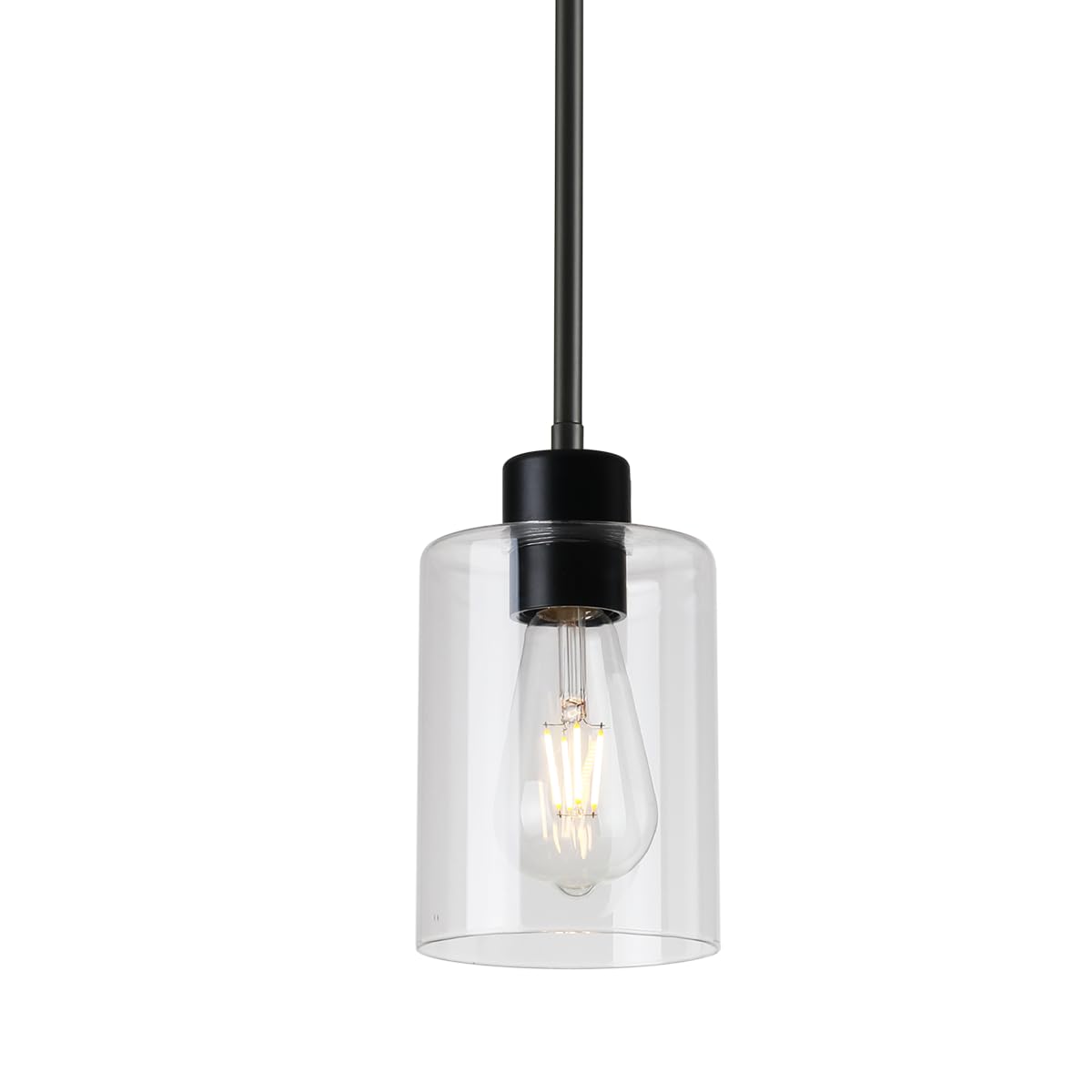 Modern Black Farmhouse Clear Glass Cylinder Pendant Light Fixture,Island Lights for Kitchen,Mini Pendant Lighting for Kitchen Island Decor - 4.75 Inch Shade 58 Inch Cord (Black 2 Pack)