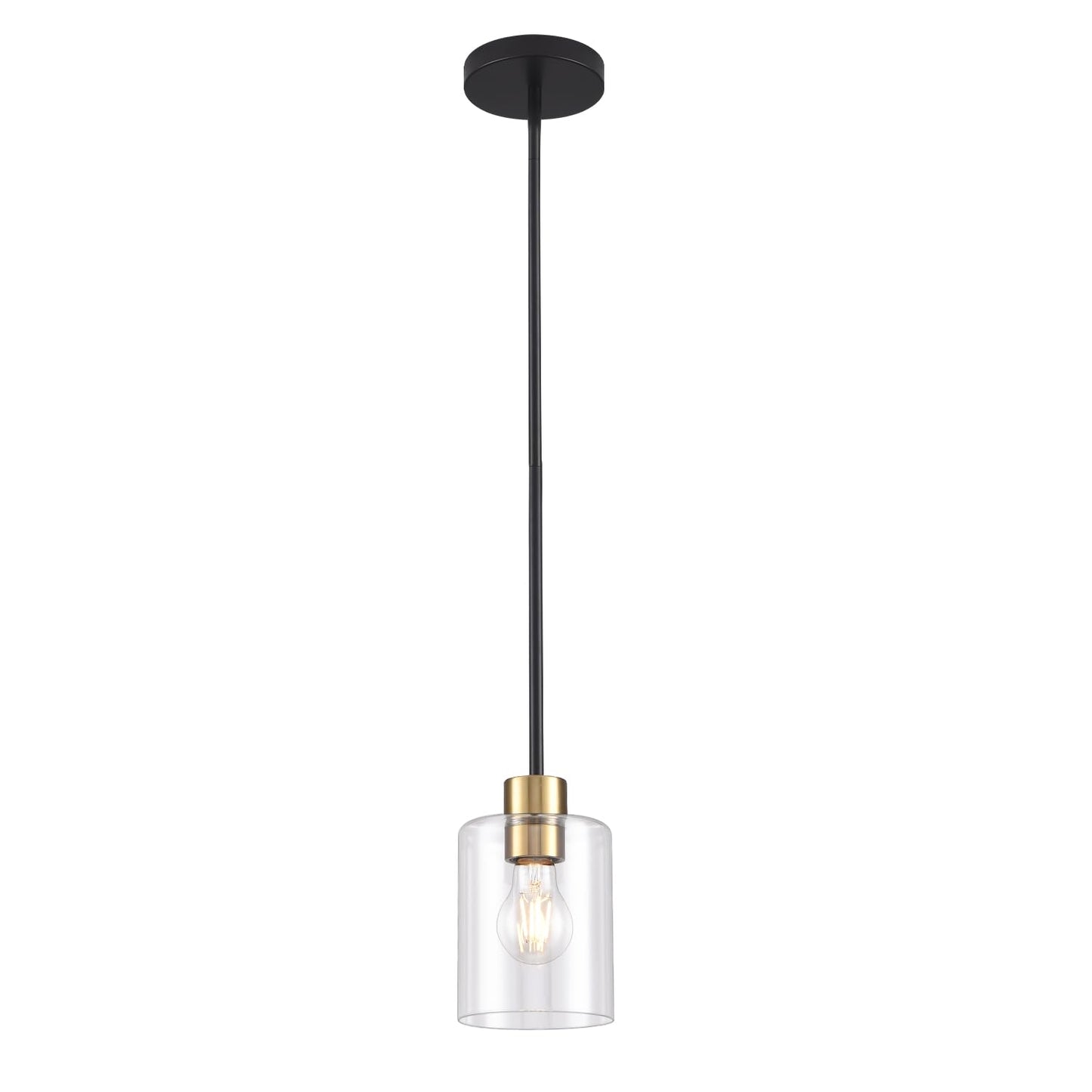 Modern Black Farmhouse Clear Glass Cylinder Pendant Light Fixture,Island Lights for Kitchen,Mini Pendant Lighting for Kitchen Island Decor - 4.75 Inch Shade 58 Inch Cord (Black 2 Pack)