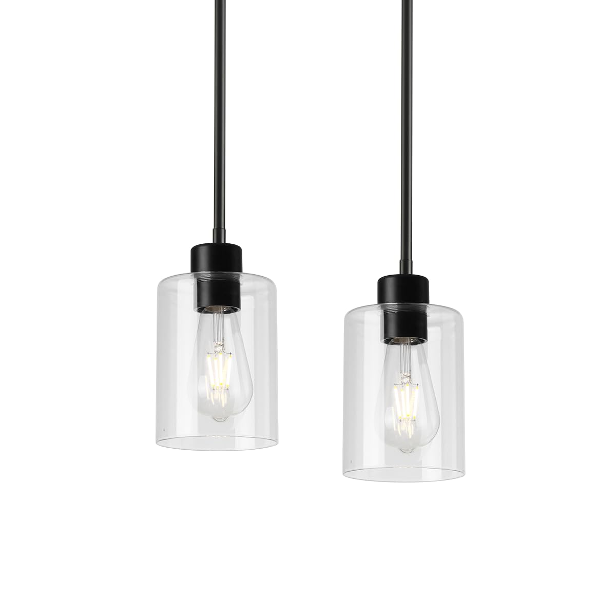 Modern Black Farmhouse Clear Glass Cylinder Pendant Light Fixture,Island Lights for Kitchen,Mini Pendant Lighting for Kitchen Island Decor - 4.75 Inch Shade 58 Inch Cord (Black 2 Pack)