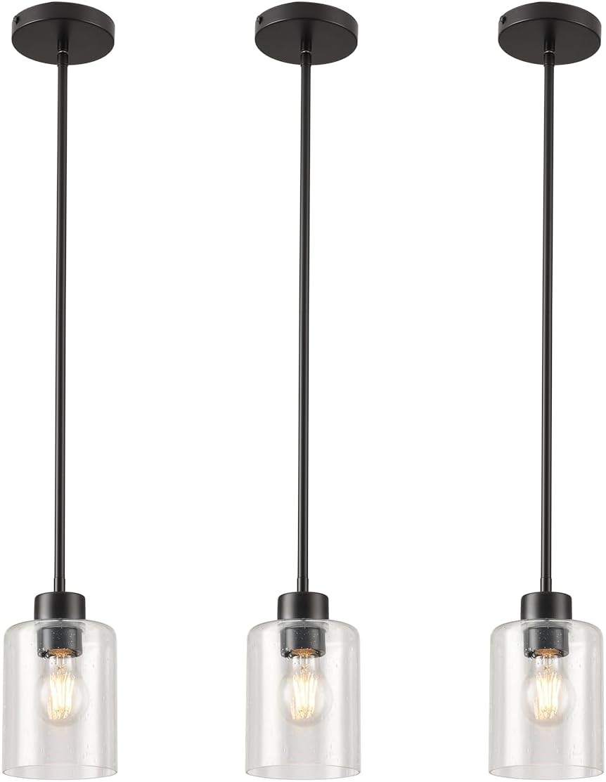 Modern Black Farmhouse Clear Glass Cylinder Pendant Light Fixture,Island Lights for Kitchen,Mini Pendant Lighting for Kitchen Island Decor - 4.75 Inch Shade 58 Inch Cord (Black 2 Pack)